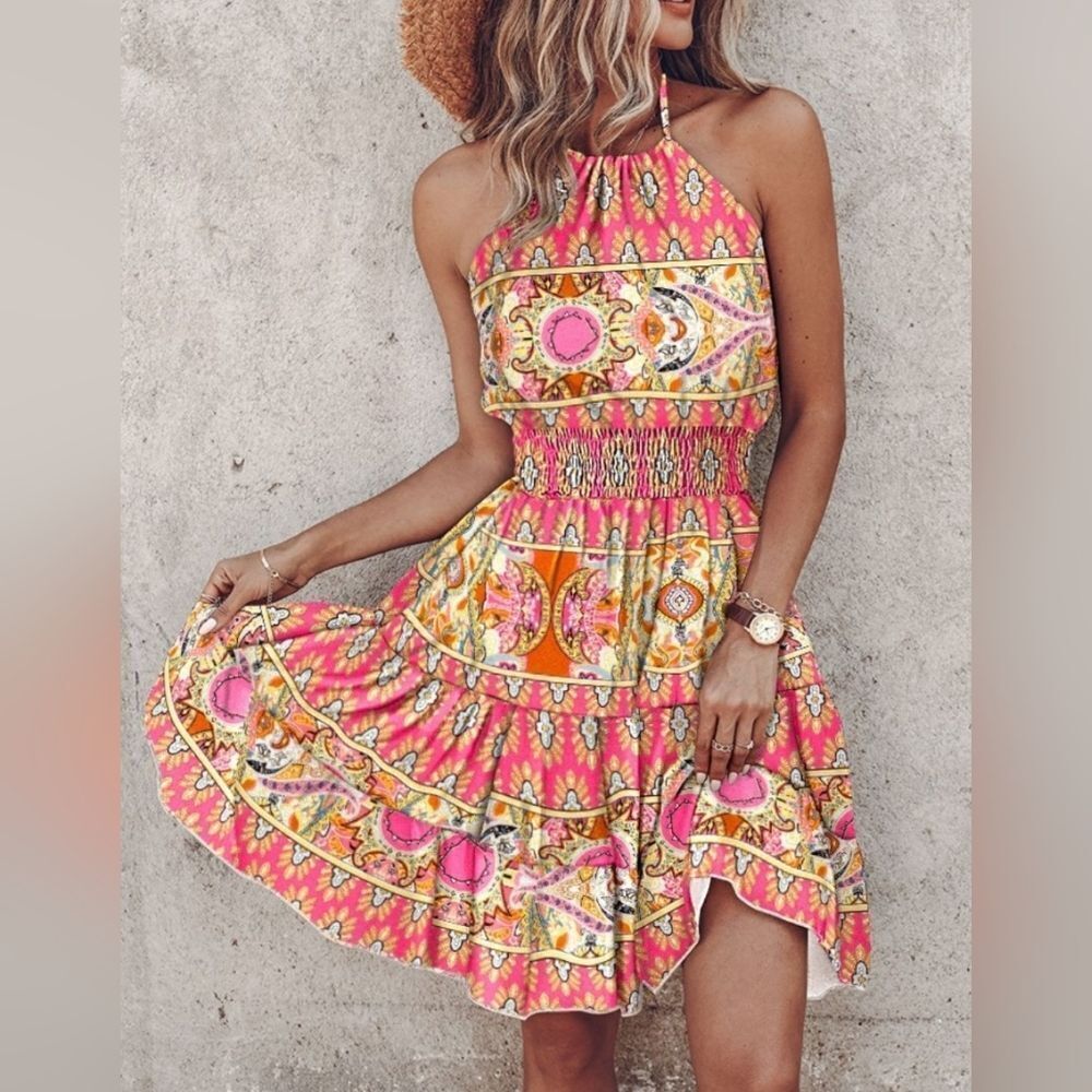 Paisley Halter Neck Cinched Waist Mini Pink Dress Sz S M L XL 1X